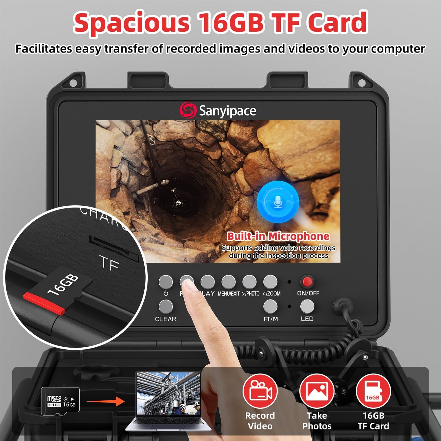Sanyipace Drain Camera with Locator, Self-Leveling Sewer Camera with 512Hz Transmitter, Distance Counter, 5X Zoom, 4500mAh Battery, 165FT/50M Waterproof Pipe Camera for Plumbing Duct Home Inspection