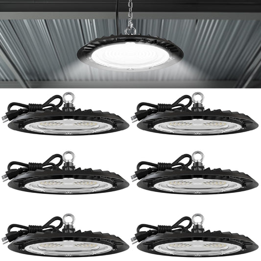 Sunco 6 Pack UFO LED High Bay Light, 150W, 19500 Lumens, 5000k Ultra Bright Commercial Shop Lights for Warehouse, Factory, Workshop, Garage & Barn, Ceiling Mount, Plug & Play, 120V, UL