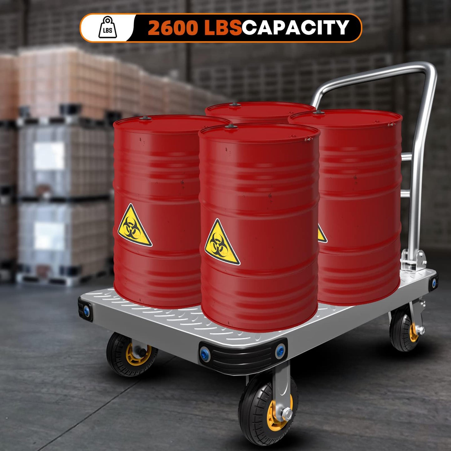 Lomive Heavy Duty Platform Truck Flat Moving Cart Hand Trucks, 2600Lbs Steel Push Cart Dolly, 48 x 24in Large Flatbed with 6'' 360 Degree Swivel Wheels for Easy Storage
