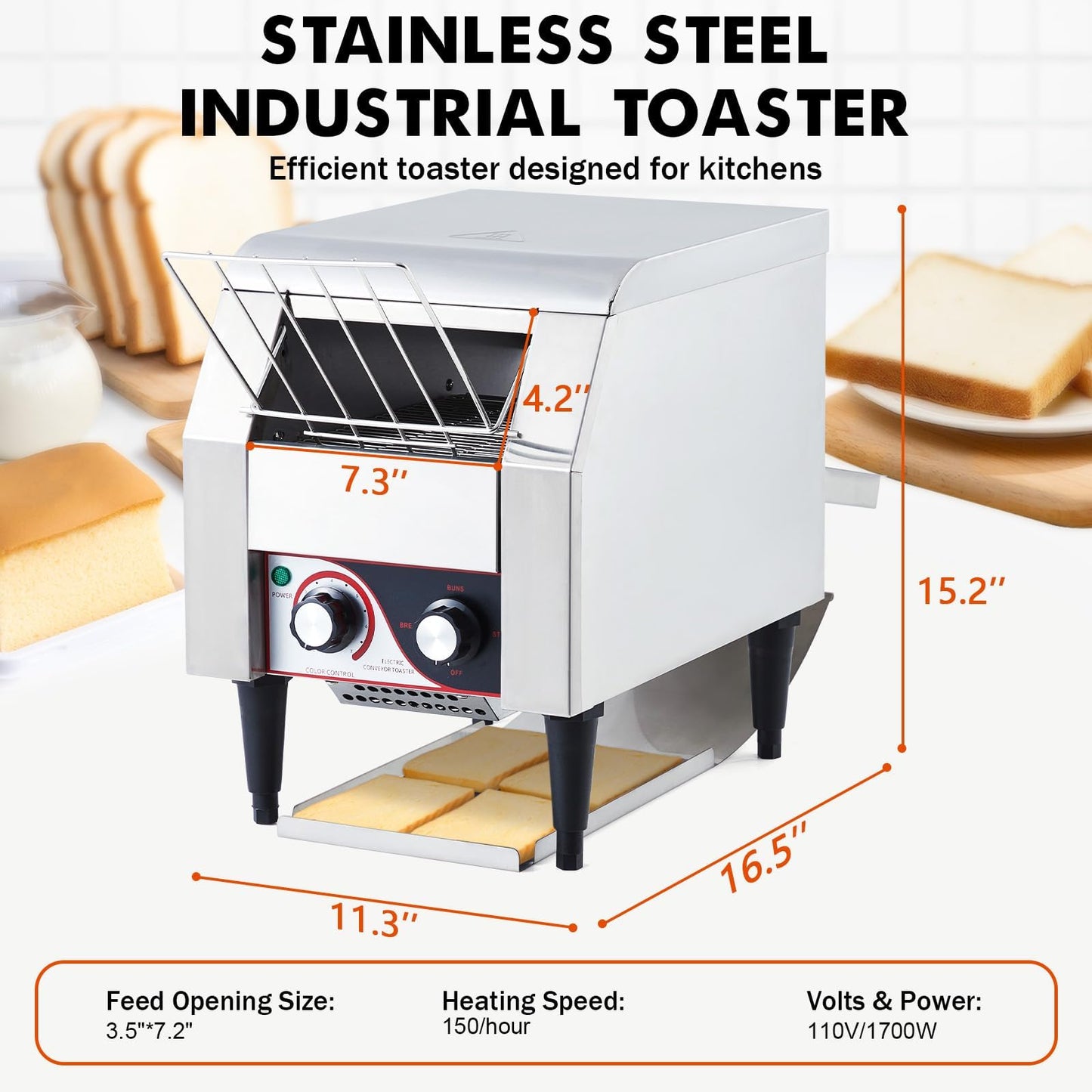 Commercial Conveyor Toaster, 150 Slices/h Heavy Duty Stainless Steel Toaster, Dual Heating Tubes, 7-Speed Adjustable Electric Oven for Bagels, Croissants, Bakery, Café