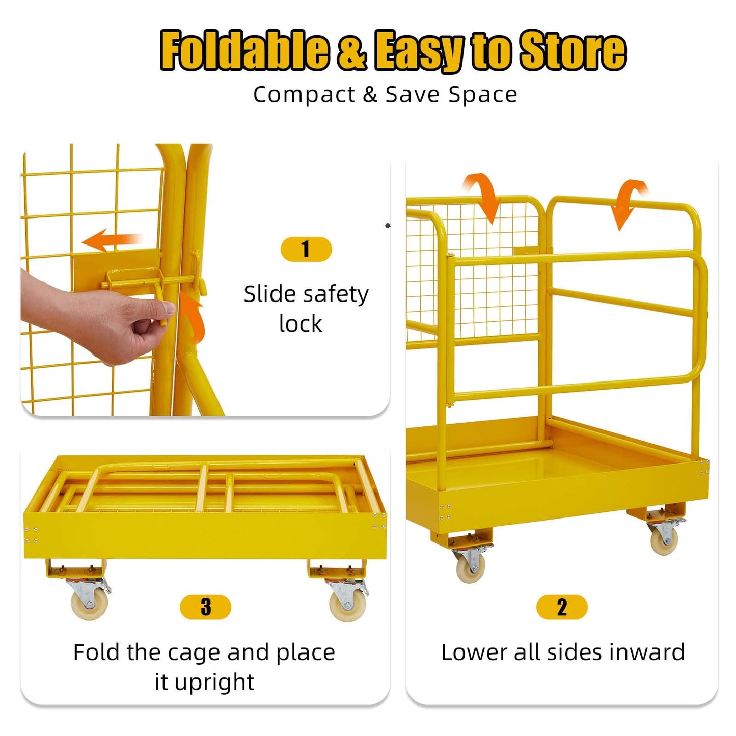 Forklift Safety Cage, 36"x36" inch Heavy Duty Collapsible Forklift Work Platform, 1200LBS Capacity with 4 Universal Wheels Aerial Platform Collapsible Lift Basket Aerial Rails for Lifting Loader