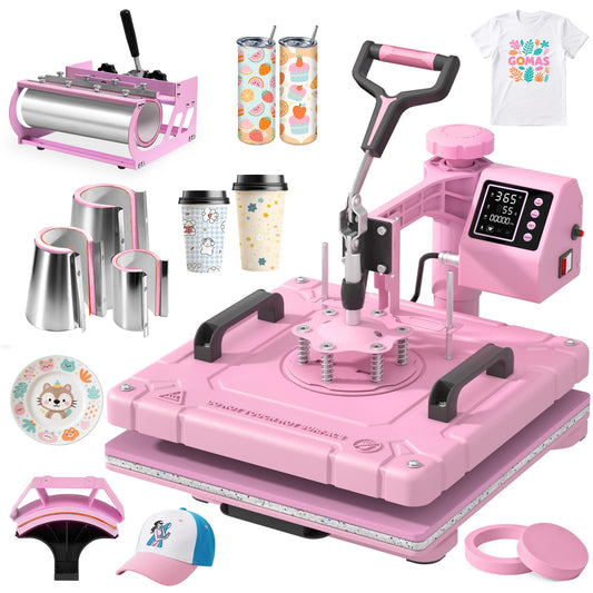 Slendor 8 in 1 Heat Press Machine 15x15 inch 360-Degree Swing Away Digital T Shirt Pressing Machine Multifunction Heat Transfer Sublimation Combo for T Shirts Mugs Hat Plate Cap,Pink