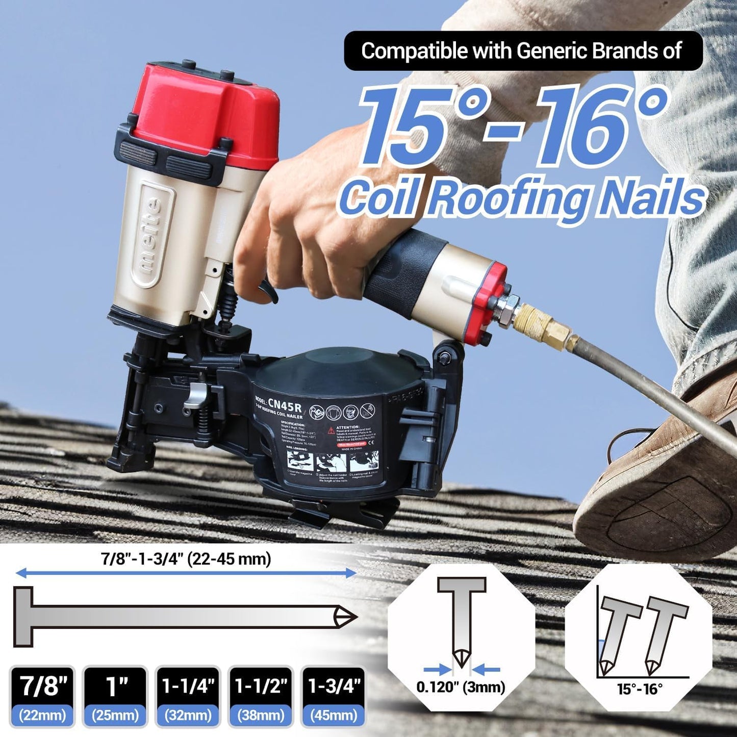 meite CN45R Coil Roofing Nailer Kit with 1-1/2 Inch Coil Roofing Nails, Pneumatic Roofing Nail Gun for Asphalt Shingles Underlayment Decking Roof Repair, 2,880PCS