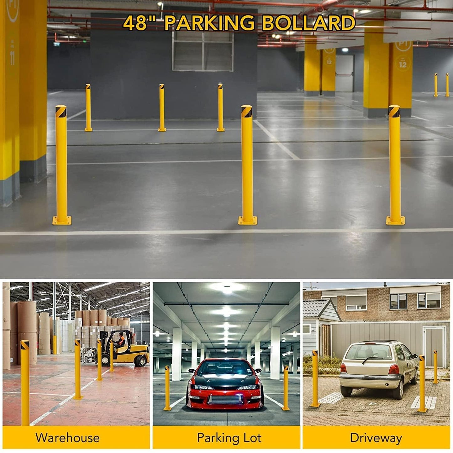 6-Pack 48 Inch Steel Safety Bollards, 4.5 Inch Diameter Parking Bollard Post with 24 Anchor Bolts, Yellow Safety Steel Bollard Post for Driveway Barrier, Traffic Control & Storefront Protection