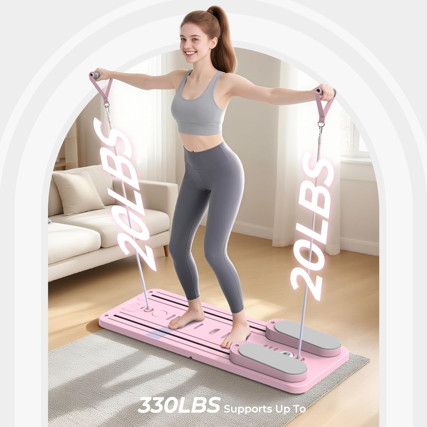 Multifunctional Pilates Board, Pilates Reformer Sets 7-in-1 Foldable Pilates Reformer Machine for Home Workout with Timer, Phone Holder, Push-up Bar, Ab Board, 330LBS Capacity Portable Set, Pink