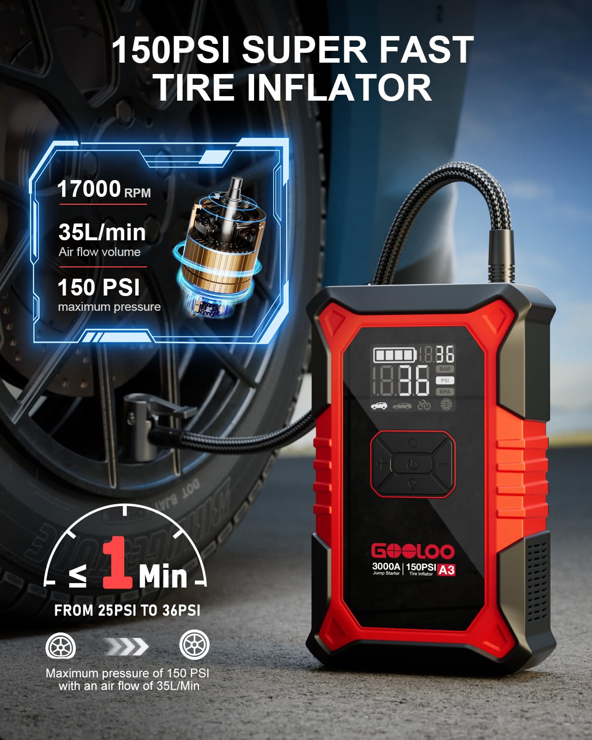 GOOLOO A3 Jump Starter with Air Compressor, 3000A Portable Car Battery Booster (9.0 Gas/6.5L Diesel) with 150PSI Auto-Shutoff Tire Inflator, 12V Supersafe Lithium Jump Box Car Battery Jumper Starter
