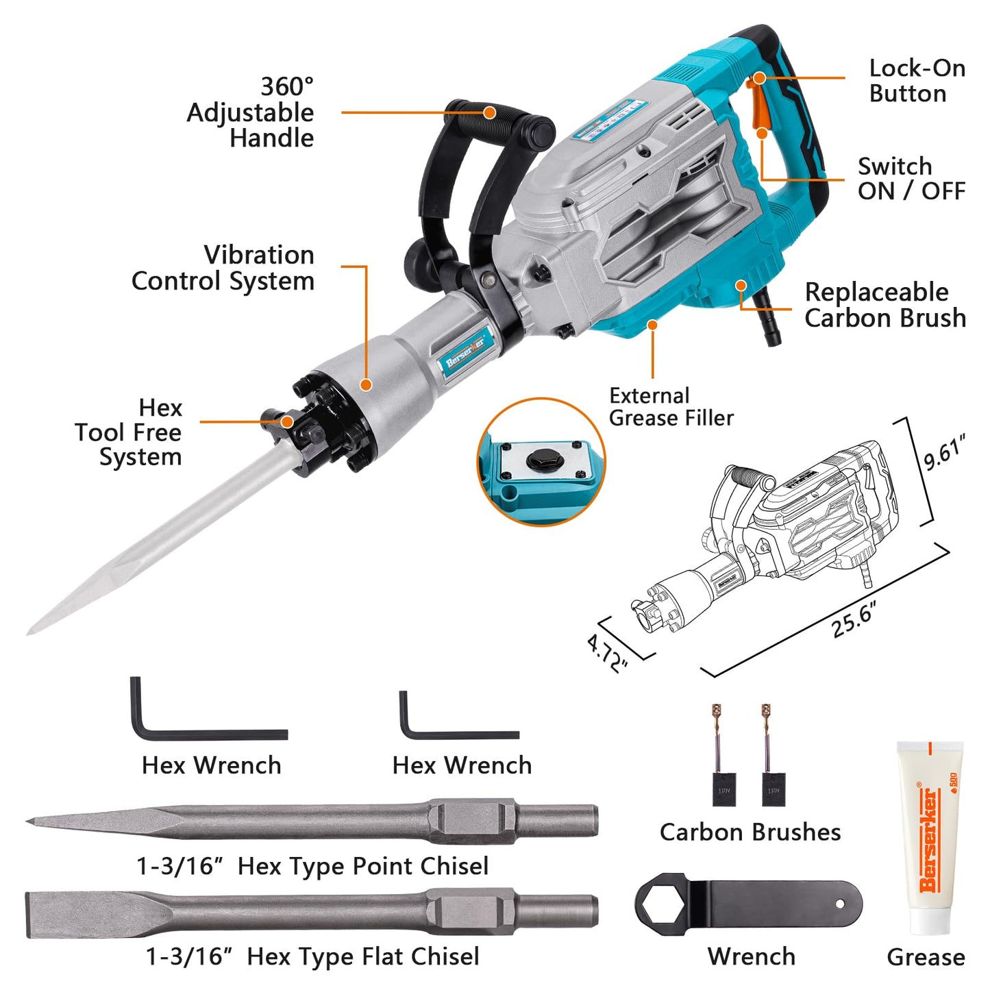 Berserker 30-Pound Demolition Jack Hammer with 1-3/16" Hex Scaling Chisel, 3 x 16 In. Steel Scraping Chisel Tile Removal Bit
