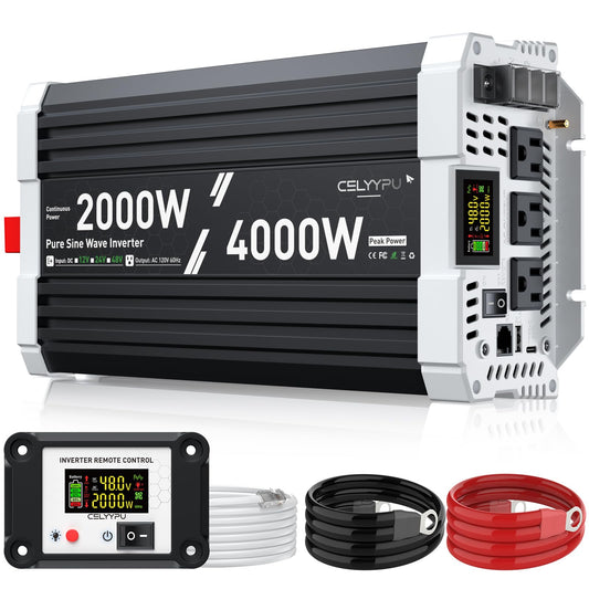 2000 watt Pure sine Wave Inverter, 48V DC to 110V AC Power Inverter, Used for Solar Emergency Power Supply in RV Homes, with 3 AC Output sockets, USB Port, Type-C Port, Remote Control with LCD Screen