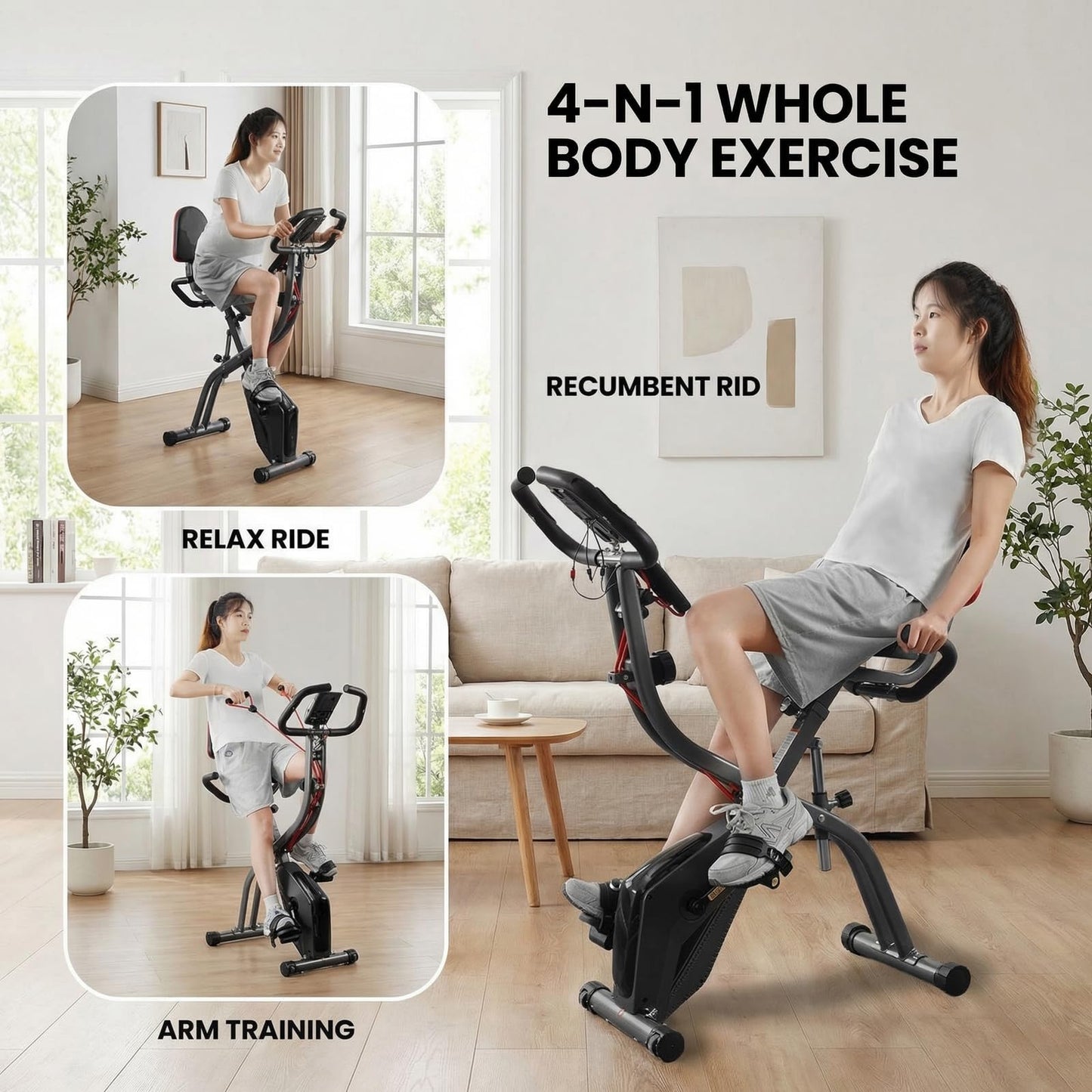 Exercise Bike, 4 IN 1 Stationary Bike, Foldable Folding Exercise Bike with 16-Level Magentic Resistance, Support Back Pad and Phone/Tablet Holder, Arm Resistance Band, Pulse Sensor, LCD Monitor for Home Workout 265LB Capacity