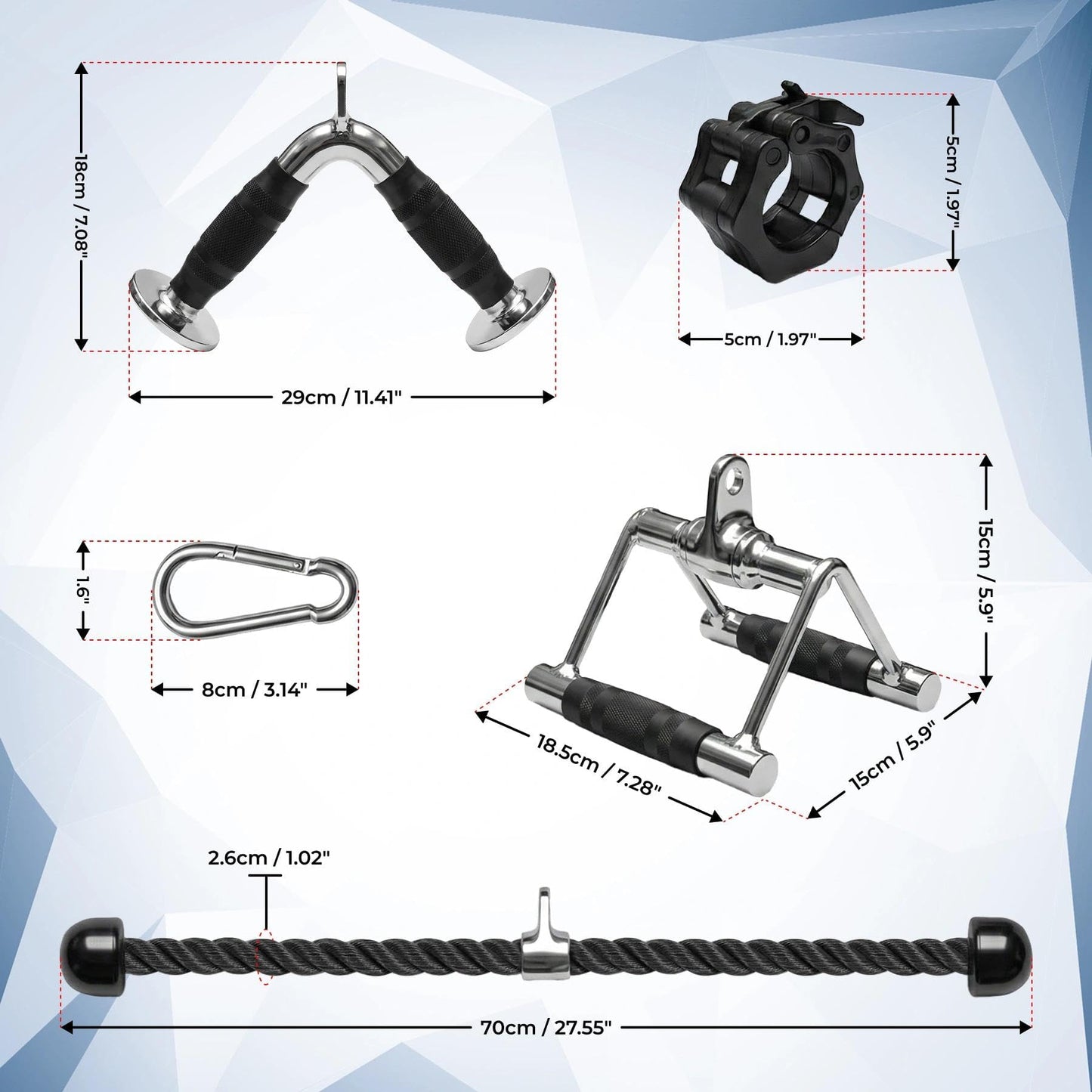 Eryntix Heavy-Duty Cable Machine Attachments, LAT Pulldown Kit with V-Bar, Tricep Rope, Double D Handle, Barbell Collar, 360° Swivel Hooks, Alloy Steel Home Gym Full Body Workout