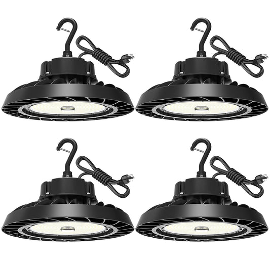 UFO LED High Bay Light 150W 4 Pack, High Bay LED Light 22,500LM (150LM/W) 1-10V Dimmable, 5' Cable with Plug, Hanging Hook, Safe Rope, ETL Listed High Bay Light for Factory Warehouse Workshop