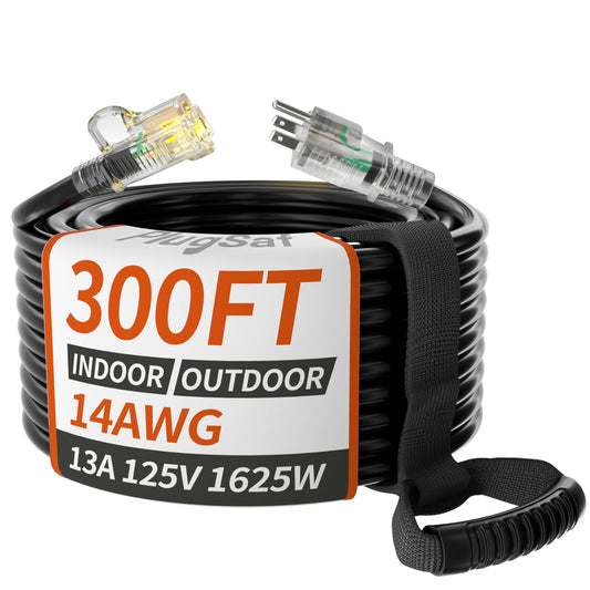 PlugSaf 14/3 Gauge Black Outdoor Extension Cord 300 ft Waterproof with Lighted Indicator, Cold Weatherproof -40°C, Flexible 3 Prong Long Extension Cord Outside,13A 1625W 14AWG SJTW, ETL Listed