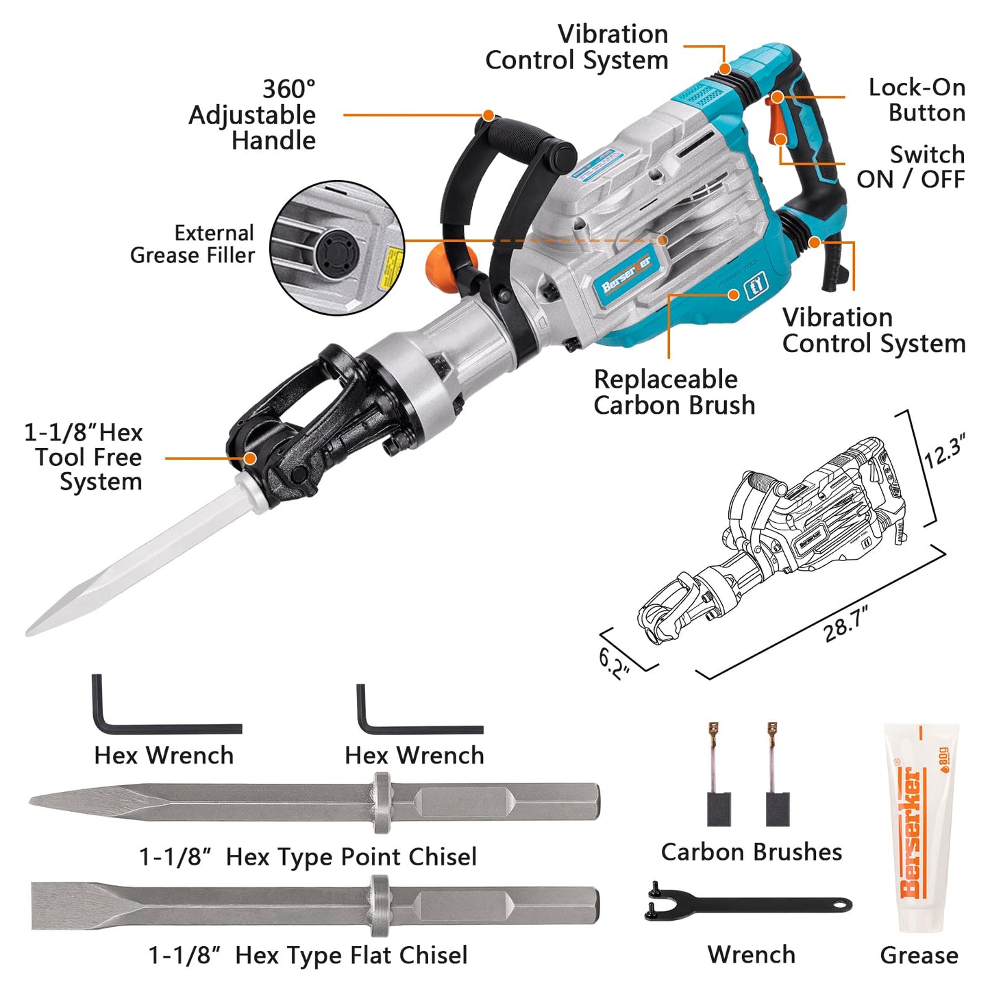 Berserker 40-Pound 1-1/8" Hex Shank Demolition Jack Hammer, 1700W 14.5-Amp Heavy Duty Concrete/Pavement Breaker with Carrying Case Bull Point Chisel & 2 Flat Chisel