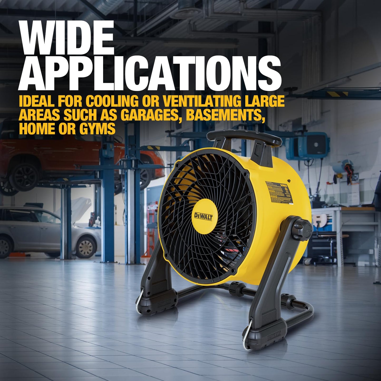 DEWALT 16 Inch Floor Fan, 360° Adjustable Tilting Airflow Fan, 3-Speed 4000 CFM Max, Hook Hangable, Wall Mount for Garage, Basement, Gym, Heavy Duty Barrel Shop Fan DXF1616