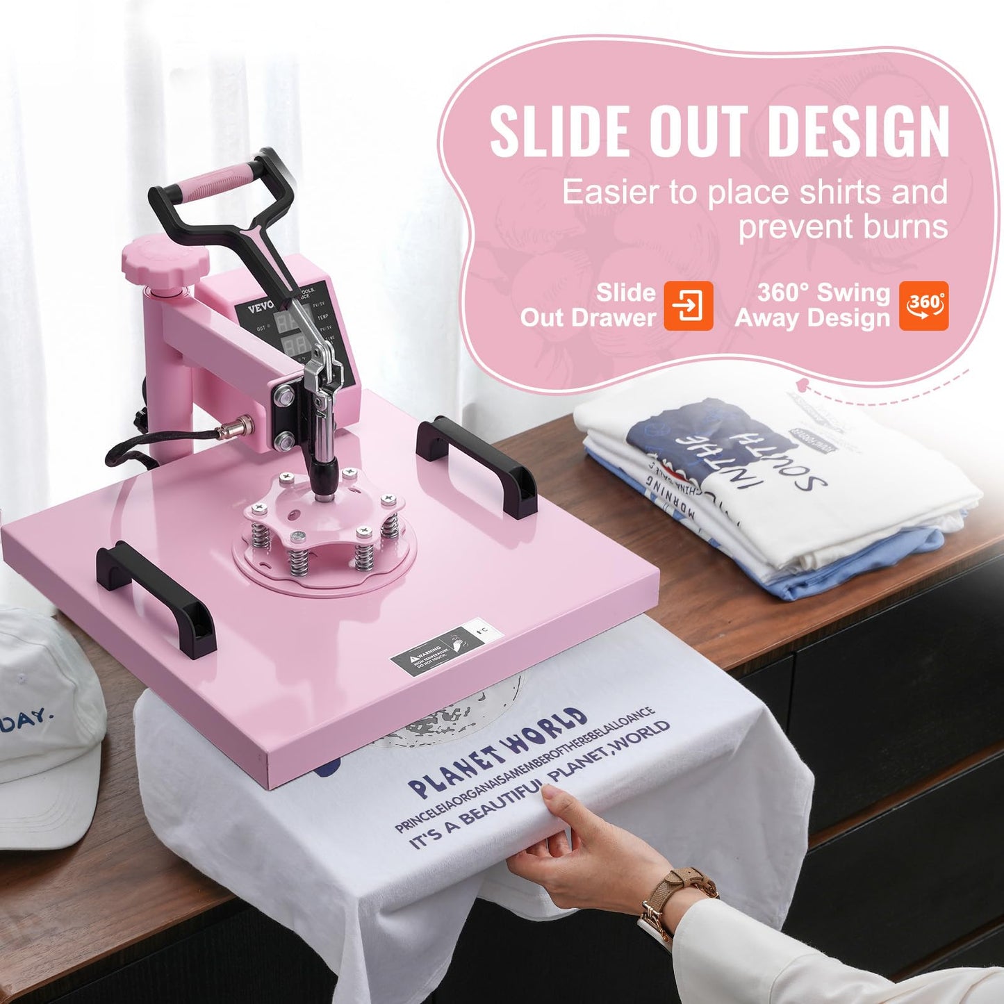 VEVOR Heat Press Machine 15x15 inch, Heat Press Machine for T-Shirts, 5 in 1 Heat Press with 30 OZ Tumbler Press, Combo Tumbler Heat Press Machine Sublimation for Hat Cap Mug Plate, Pink
