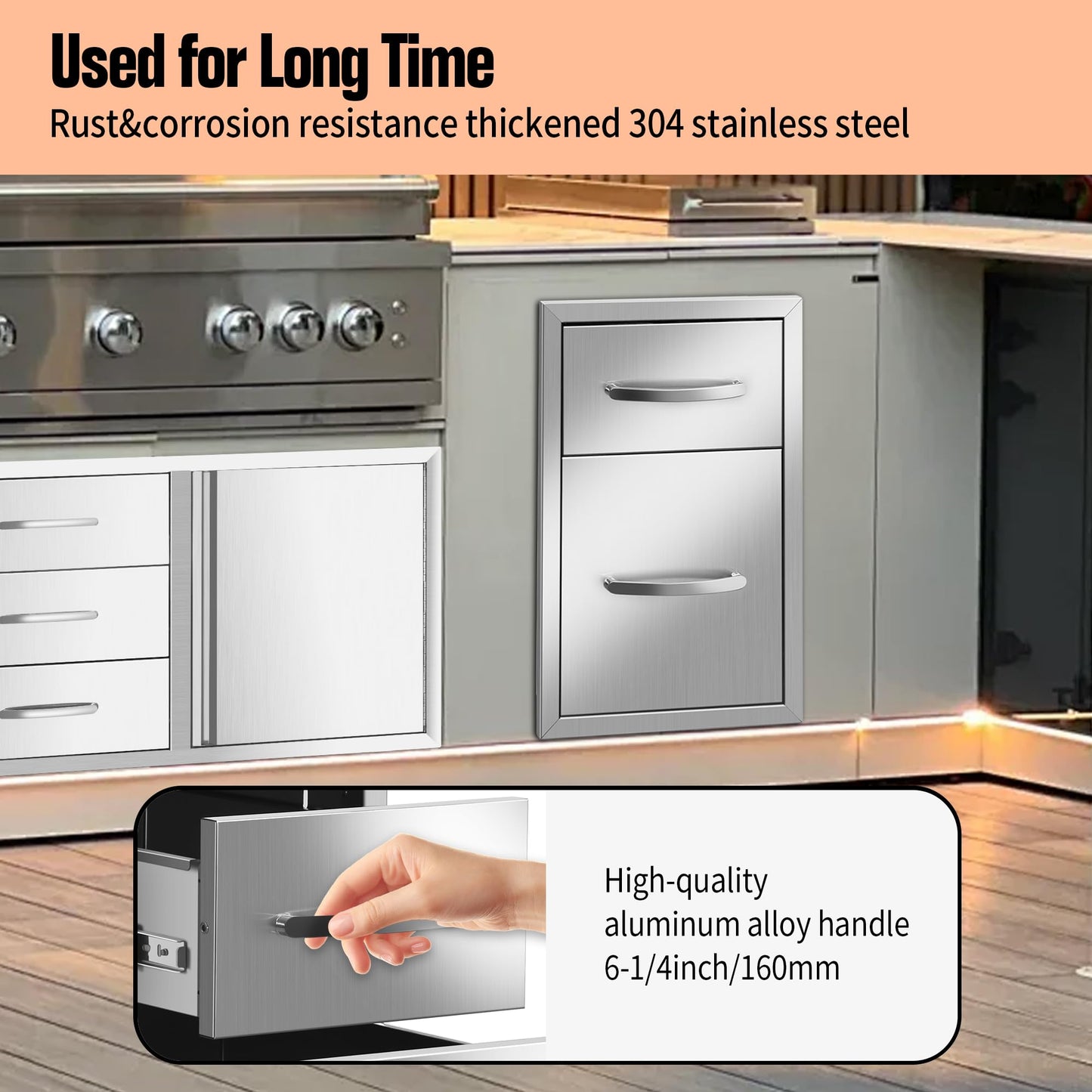 RAILEN Outdoor Kitchen Drawers 13" W x 20" H x 21" D Built-in BBQ Drawer Stainless Steel Access Drawers for Outdoor Kitchen Island or Grill Station