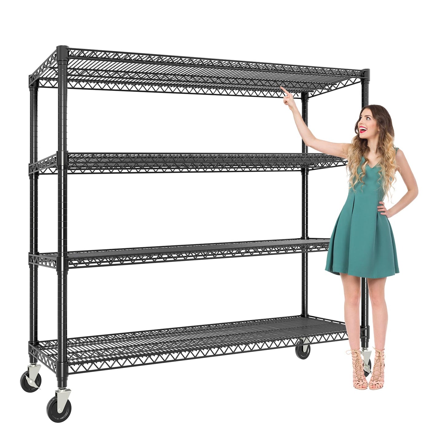 EliteEdge 4-Tier Tall Steel Wire Shelving Unit with Wheels, Heavy Duty Storage Rack, 2640 Lbs Capacity, Adjustable Industrial Shelves for Garage, Workshop, or Warehouse