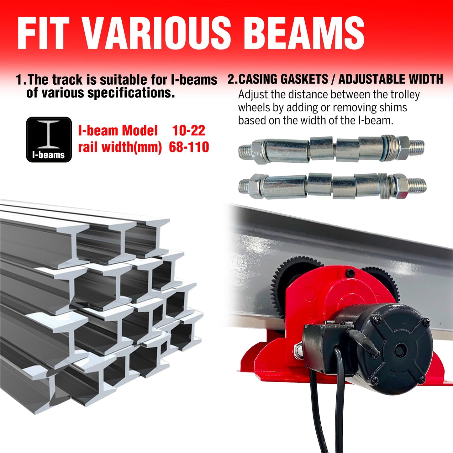 Electric Trolley for Power Hoist 1100LBS Capacity,Fit 2.68-4.33 in I-Beam,Push Geared Overhead Crane Heavy Duty Wheels System for PA200 to PA500 Hoists,Perfect for Gantry Cranes,Warehouses