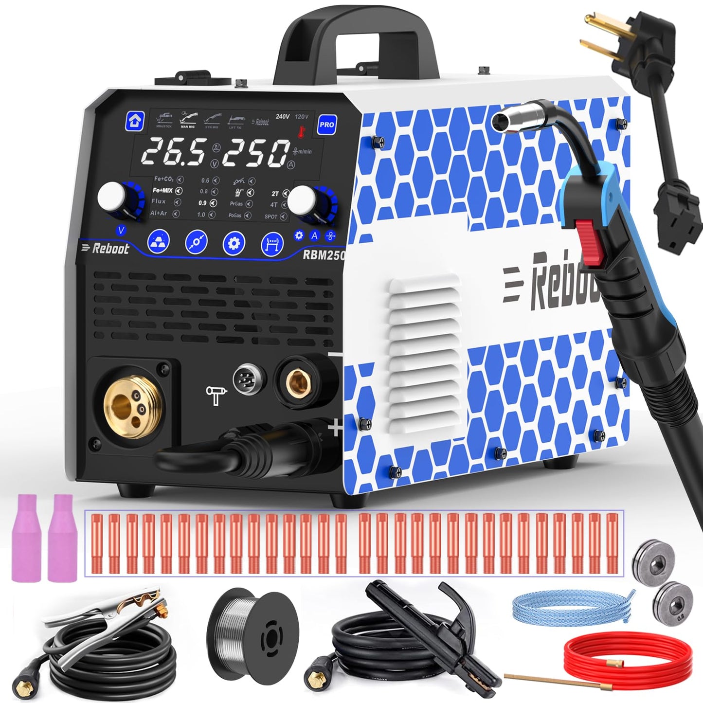Reboot Pro 60A Plasma Cutter 2025, Pilot Arc Non-Contact Cutting, 120V/240V Dual Voltage,Large Digital Smart Screen with Reboot 250Amp MIG Welder 8-in-1 Dual Aluminum
