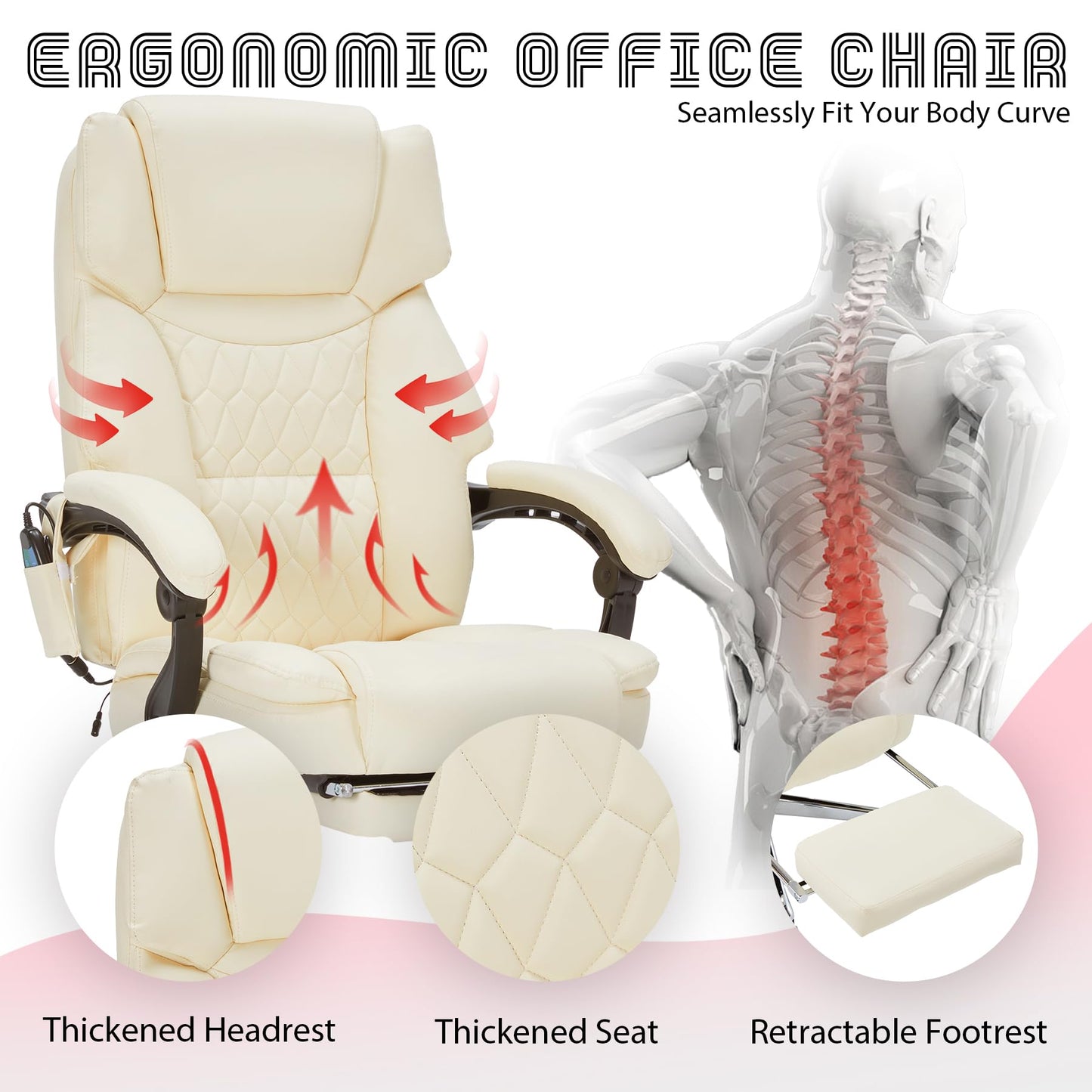 Massage Office Chair with Foot Rest 6 Points Vibration and Heat Home Office Desk Chairs for Heavy People 400lbs Reclining Managerial Chairs Ergonomic Executive Chair (Cream)