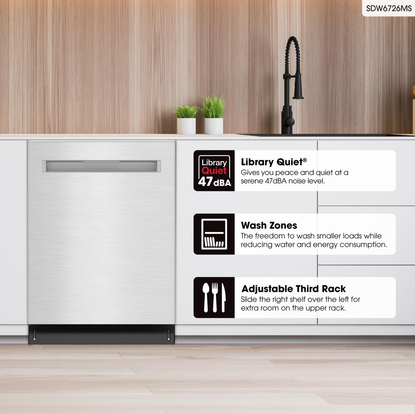 Sharp SDW6726MS 24-inch Stainless Steel Dishwasher, 47 dB Library Quiet, Third Rack, Power Wash Sprayer, 12 Place Settings,