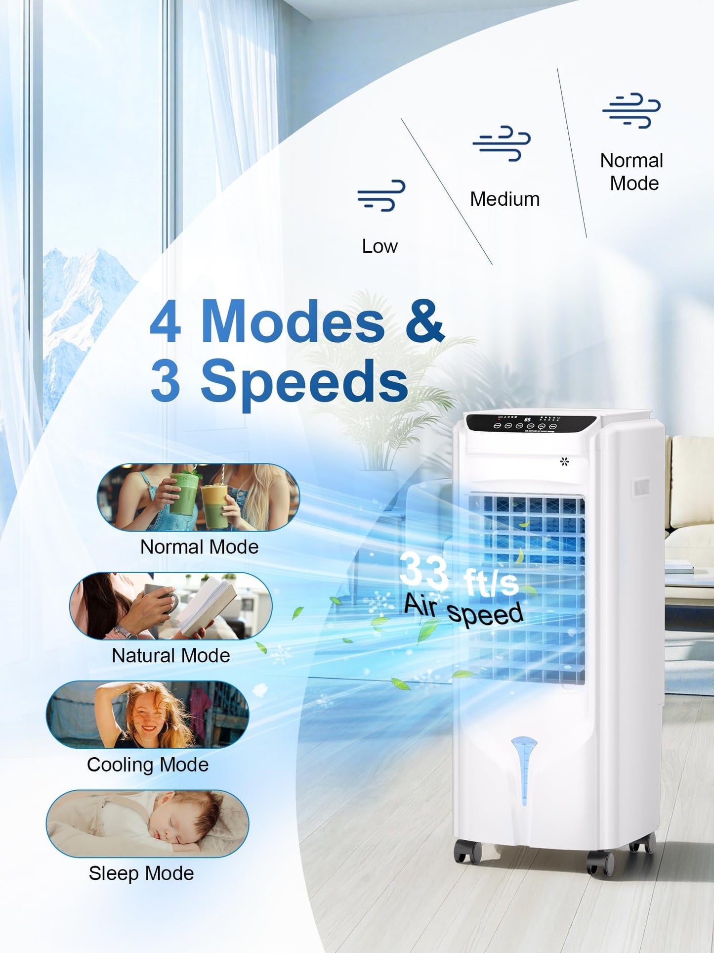 Uthfy Evaporative Air Cooler with 4 Modes, 3 Speed, 4.2 Gal Water Tank, 32" Swamp Cooler with 4 Ice Packs, 120° Oscillation, Remote, 12 H Timer, Portable Air Conditioner for Large Room, Office