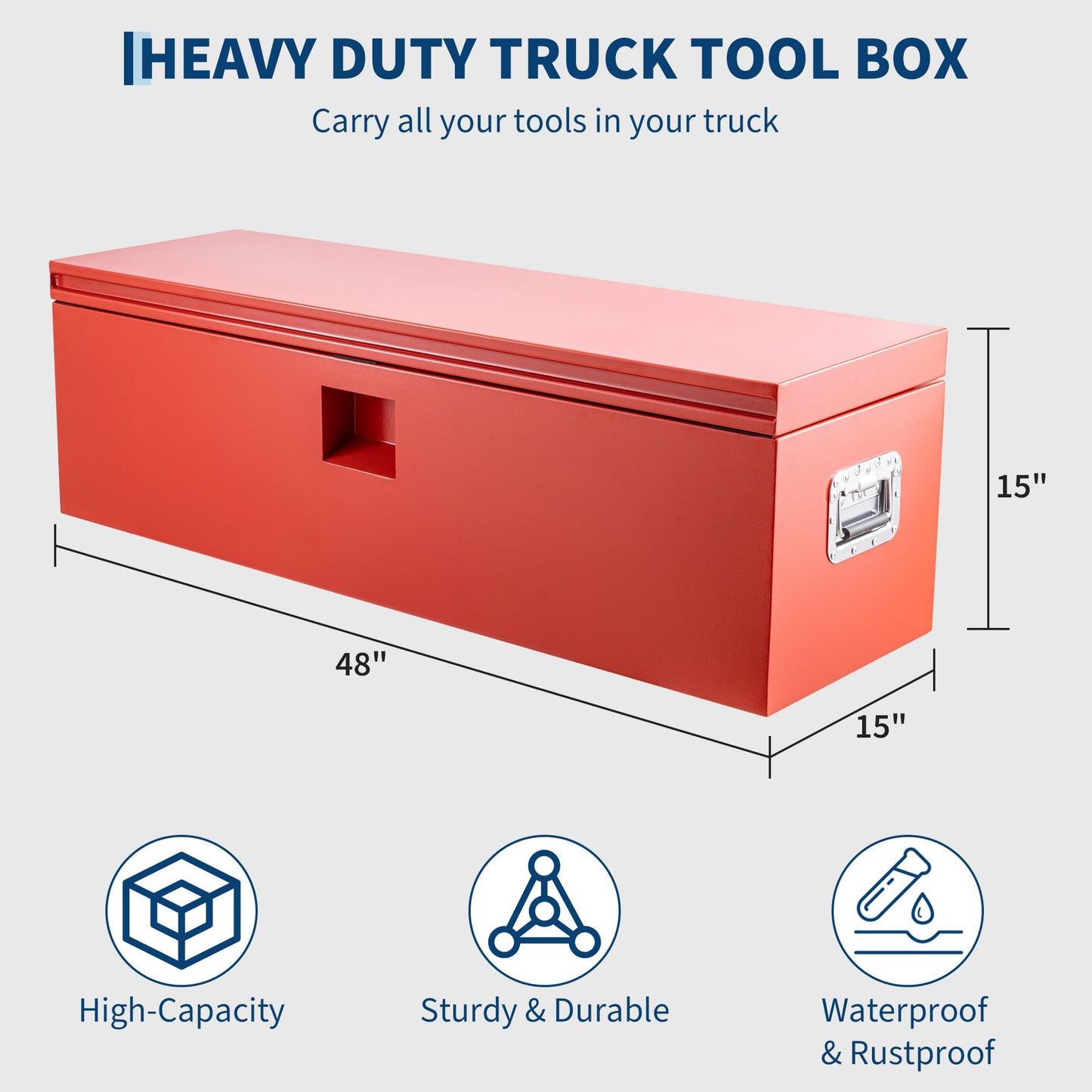 ExploreHorizon Industrial Steel Truck Tool Box w/Gas-Shock Lid, Pry-Resistant Security & Weatherproofing Toolbox Organizer Chest Fits Pickup, Truck Bed, RV, Trailer