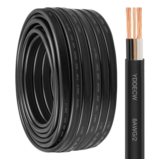 YDDECW 8/2 NM-B Wire with Ground - 100FT 8 Gauge Non-Metallic Sheathed Cable Pure Copper 8 AWG 2 Conductor Residential Indoor Wire for Outlets, Switches and Other Loads etc.