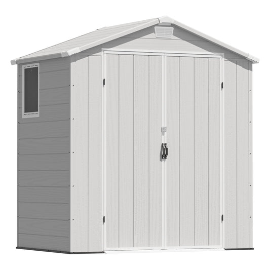 Greesum 6x4FT Plastic Outdoor Storage Shed with Floor, Resin Sheds with Lockable Double Door, Tool Sheds with Window and Vents, for Garden, Patio, Backyard, Light Gray