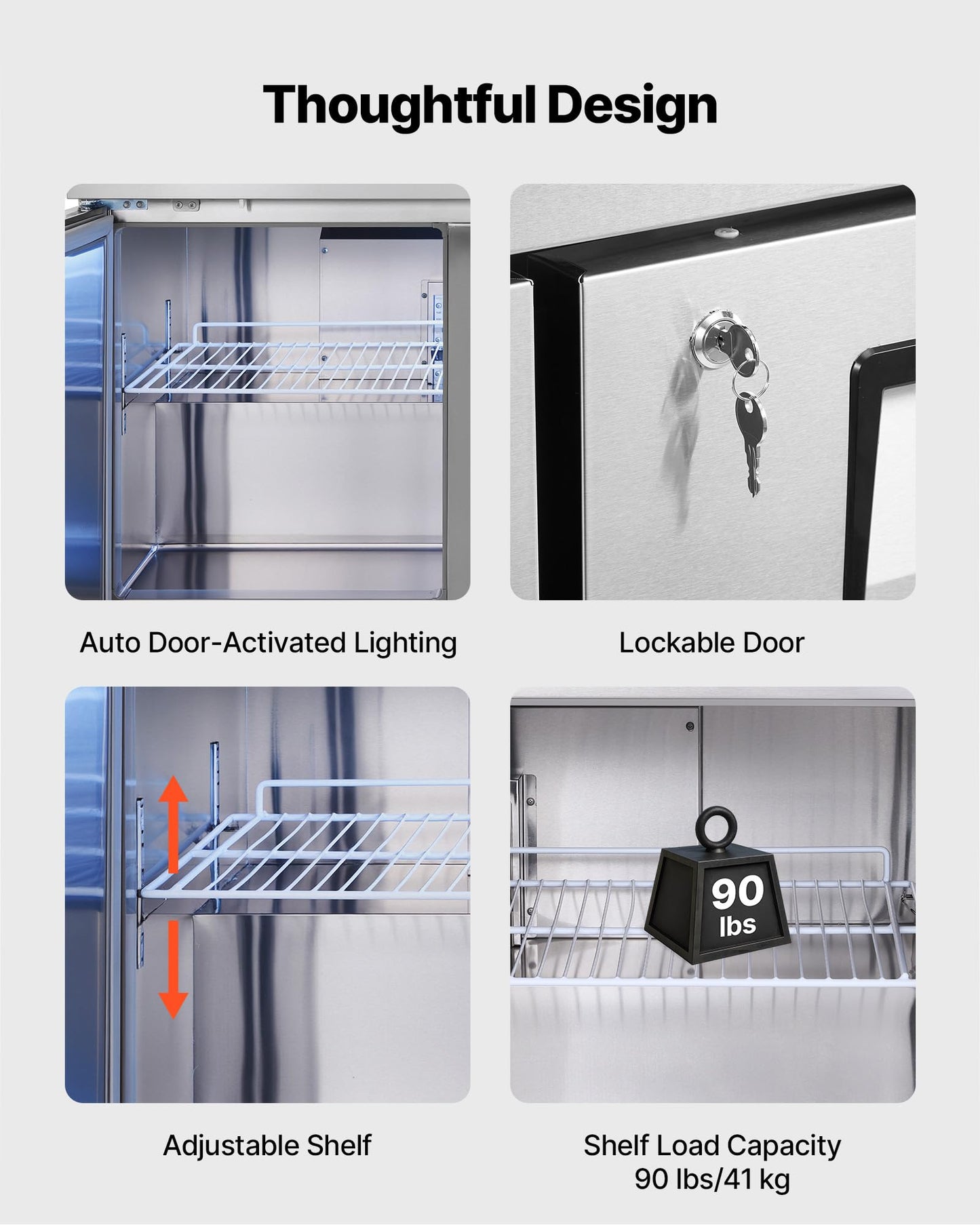 VEVOR 60" W Commercial Freezer, 14.8 Cu.Ft Worktop Freezers Undercounter with LED Auto Lighting and Lockable Door, 2 Doors Food Freezing Prep Worktable, Stainless Steel Prep Frozen Table with Casters