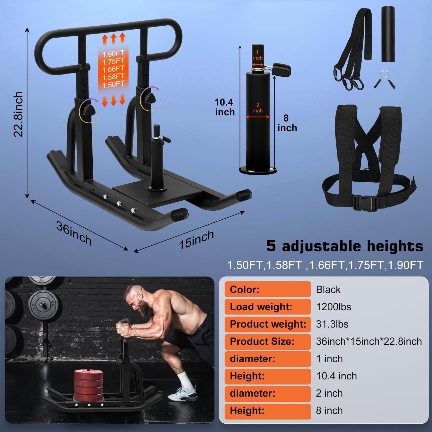 Pulaim Weight Sled, Fitness Sled, Fitness Strength Training Sled,Adjustable Height Weight Training Sled, Heavy Duty Workout Sled for 1" and 2" Weight Plates- with Size S Tactical Gloves