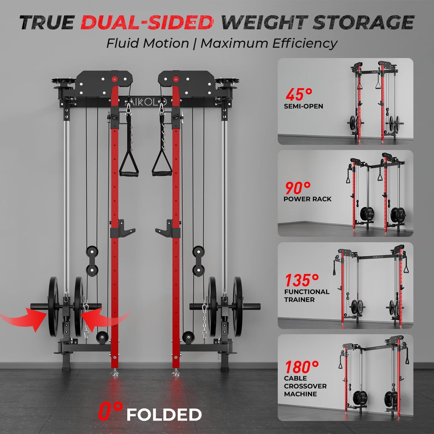 Mikolo Folding Squat Rack, Wall Mounted Power Rack with Cable Crossover Machine & LAT Pull Down, Functional Trainer with 5 Adjustable Function Modes, No Function Interference (Red)