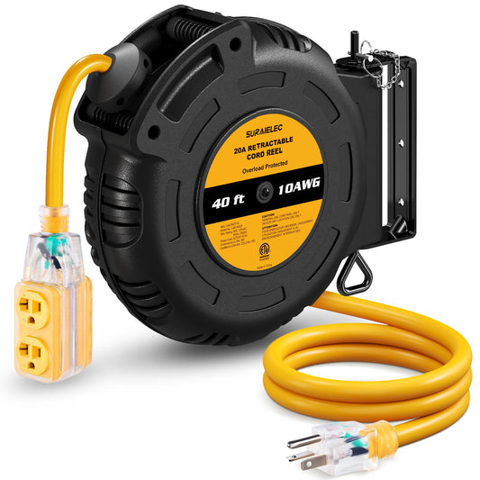 SURAIELEC 10 Gauge Retractable Extension Cord Reel, 40 FT 10 AWG SJTOW Extra Heavy Duty Power Cord, 20A Circuit Breaker for High-power Equipment, 4 Grounded Outlets, Wall/Ceiling Mount, ETL Listed