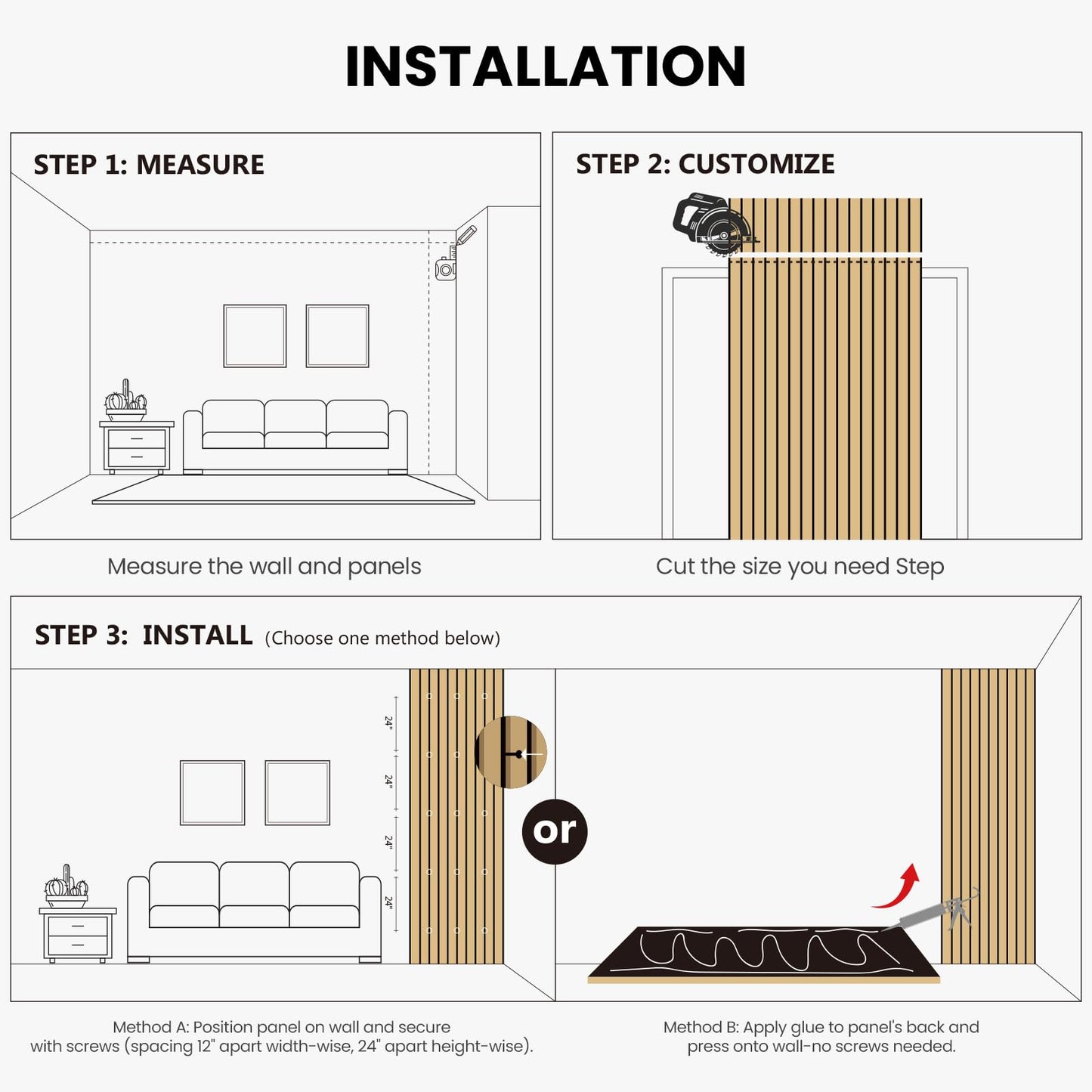 Wood Slat Wall Panels - 4 Pack 93.7" × 11" - Acoustic Panels Noise Reduction for Home Office Studio, 3D Fluted Sound Dampening Absorbing Panels, Matte Black