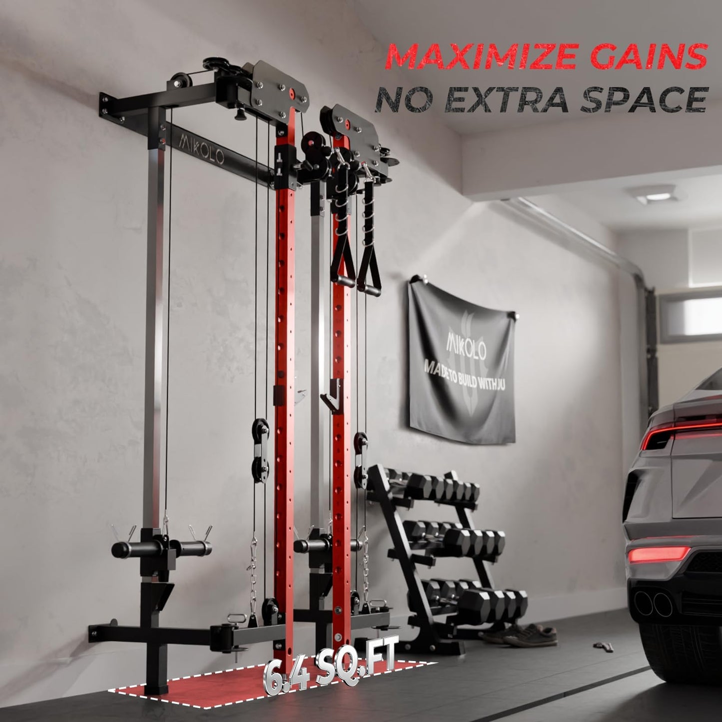 Mikolo Folding Squat Rack, Wall Mounted Power Rack with Cable Crossover Machine & LAT Pull Down, Functional Trainer with 5 Adjustable Function Modes, No Function Interference (Red)