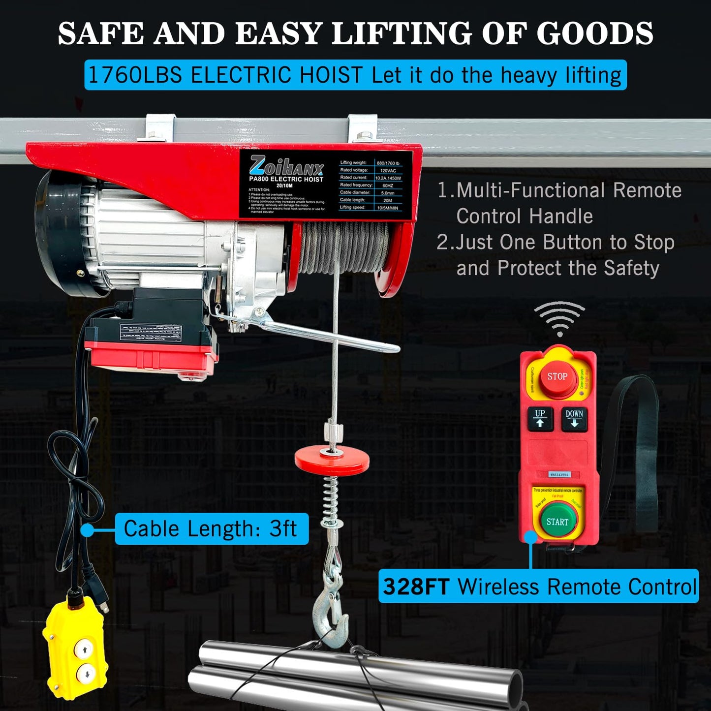1760 lbs Electric Hoist with Remote Control,Wireless/Wired Electric Hoist 2 in 1,110V Single/Double Slings Steel Lift Hoist Winch for Garage Warehouse Factory