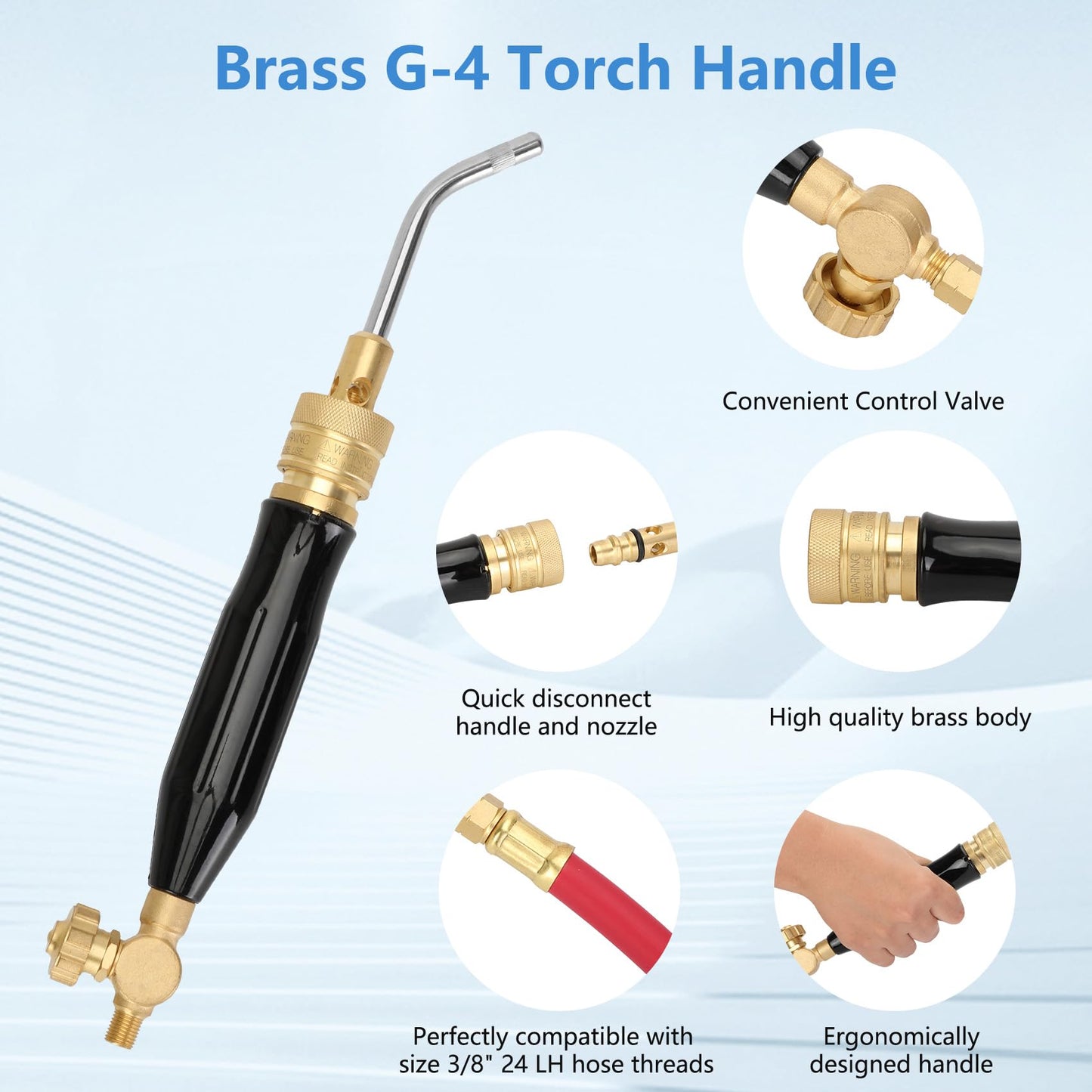 Professional Air Acetylene Torch Kit Fuel Gas kit 11 pieces Turbo Torch Kit Include CGA 200 Acetylene Regulator,G-4 Handle, AH-12 Hose, A-3, A-5, A-11, A-14 tips, Adaptor CGA200 (MC) To CGA520 (B)