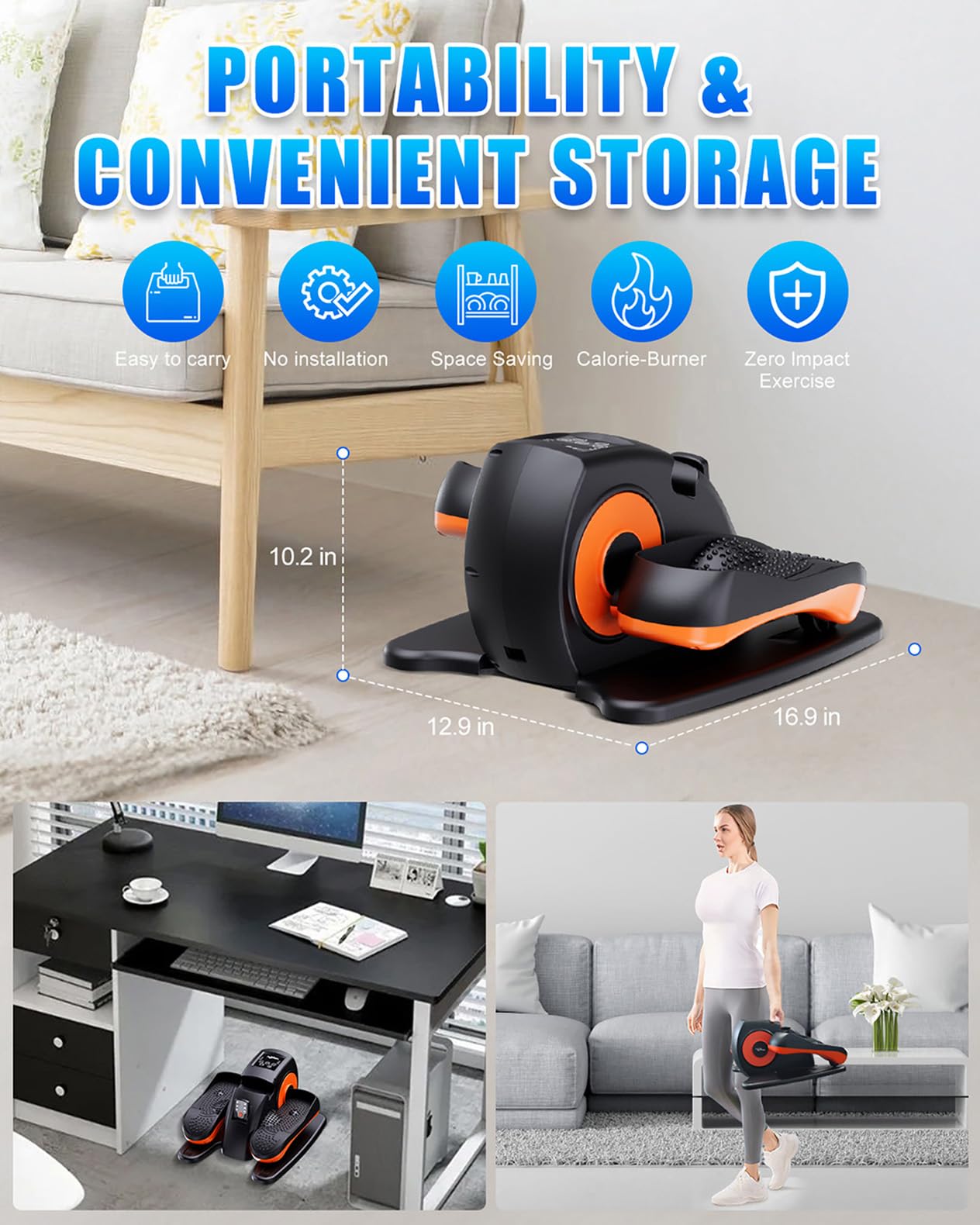 Putnen Under Desk Elliptical Machine, Electric Elliptical Leg Exerciser for Seniors with 12 Adjustable, Portable Quiet Elliptical Exercise Machine, Seated Pedal Exerciser with Remote Control (Orange)