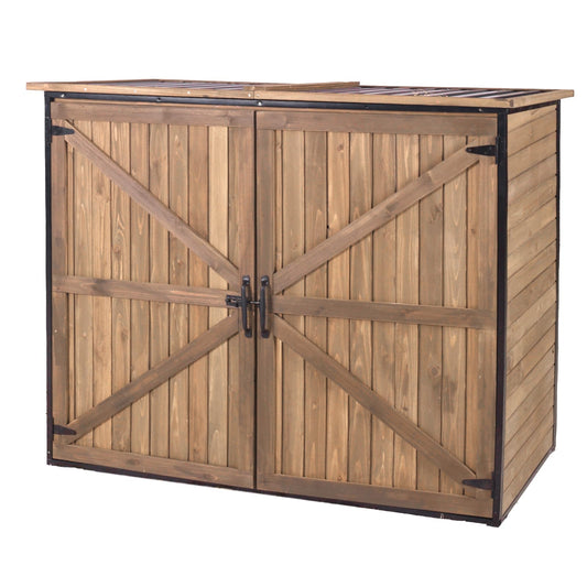 Joyqinchen Outdoor Storage Shed with Strong Metal Frame, Wooden Garden Sheds with Adjustable Shelves and Removable Floor, Weatherproof Outdoor Trash Can Shed, Horizontal Storage Cabinet for Patio