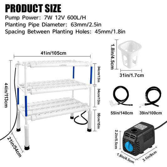 LAPOND Upgraded Hydroponics Growing System Kit 1058 Plant Sites with 7W 12V Submersible Pump and Timer