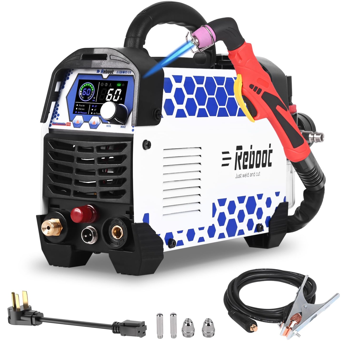 Reboot Pro 60A Plasma Cutter 2025, Pilot Arc Non-Contact Cutting, 120V/240V Dual Voltage,Large Digital Smart Screen, Enhanced for Metal/Mesh/Stainless Steel, 1/2'' Clean Cut 3/4" Max Cut