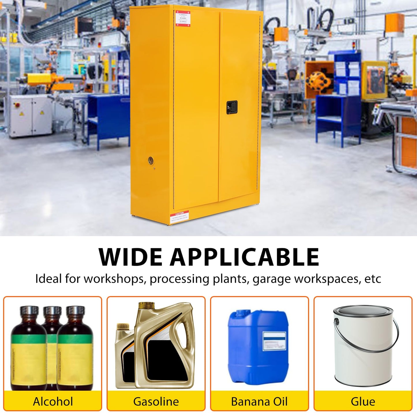 45 Gallon Flammable Safety Cabinet, Industrial Yellow Steel Storage for Flammable Liquids, Fireproof Double-Wall Design with 2 Adjustable Shelves, Manual Close Doors & Dual Vents, OSHA Compliant