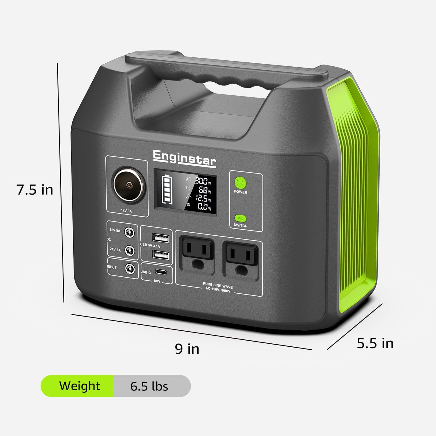 EnginStar Solar Generator, 300W Portable Power Station, 296Wh Lithium Battery Backup w/Two 110V Pure Sine Wave AC Outlet for Camping Road Trip RV, 80000mAh Sufficient Power Supply for Blackout