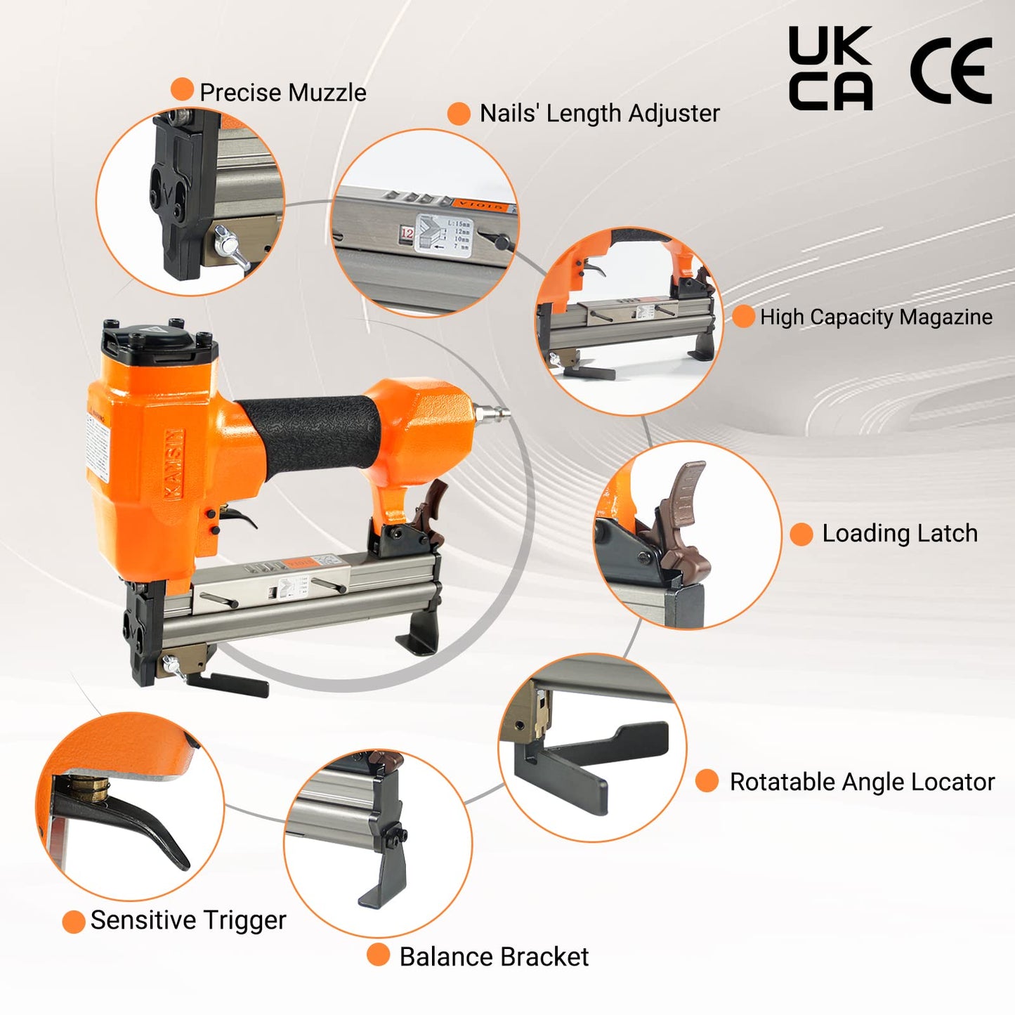KAMSIN V1015 30 Gauge Pneumatic Picture Frame Nailer with 4,000 PCS 9/32"(7mm) Leg Length Usually used in picture frames, frame joining,wood corner joining, etc
