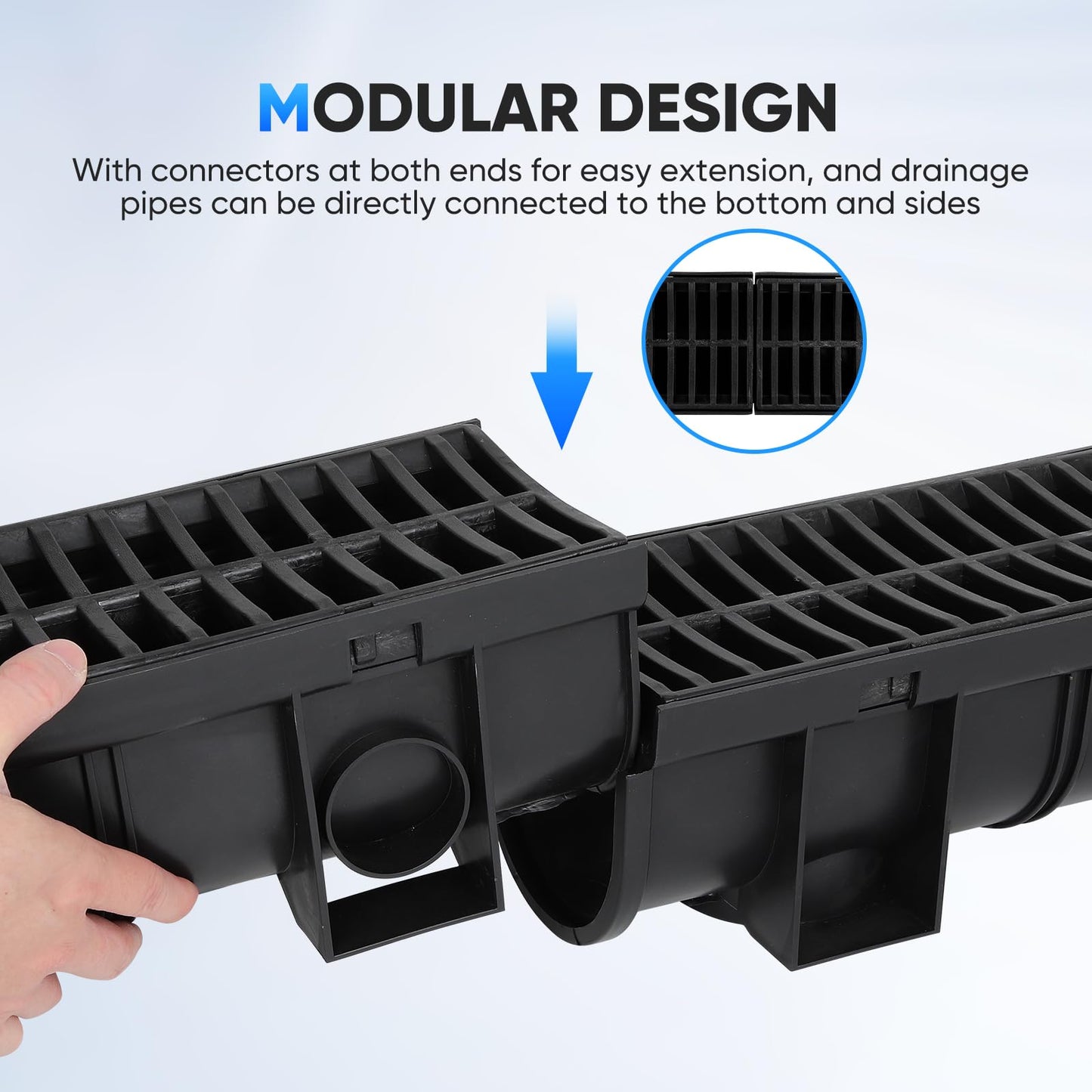 Trench Drain System, Channel Drain with Plastic Grate, 5.9x7.5-Inch HDPE Drainage Trench, 5x39 Trench Drain Grate, with 5 End Caps Black Plastic Trench Drain, for Garden, Driveway-5 Pack
