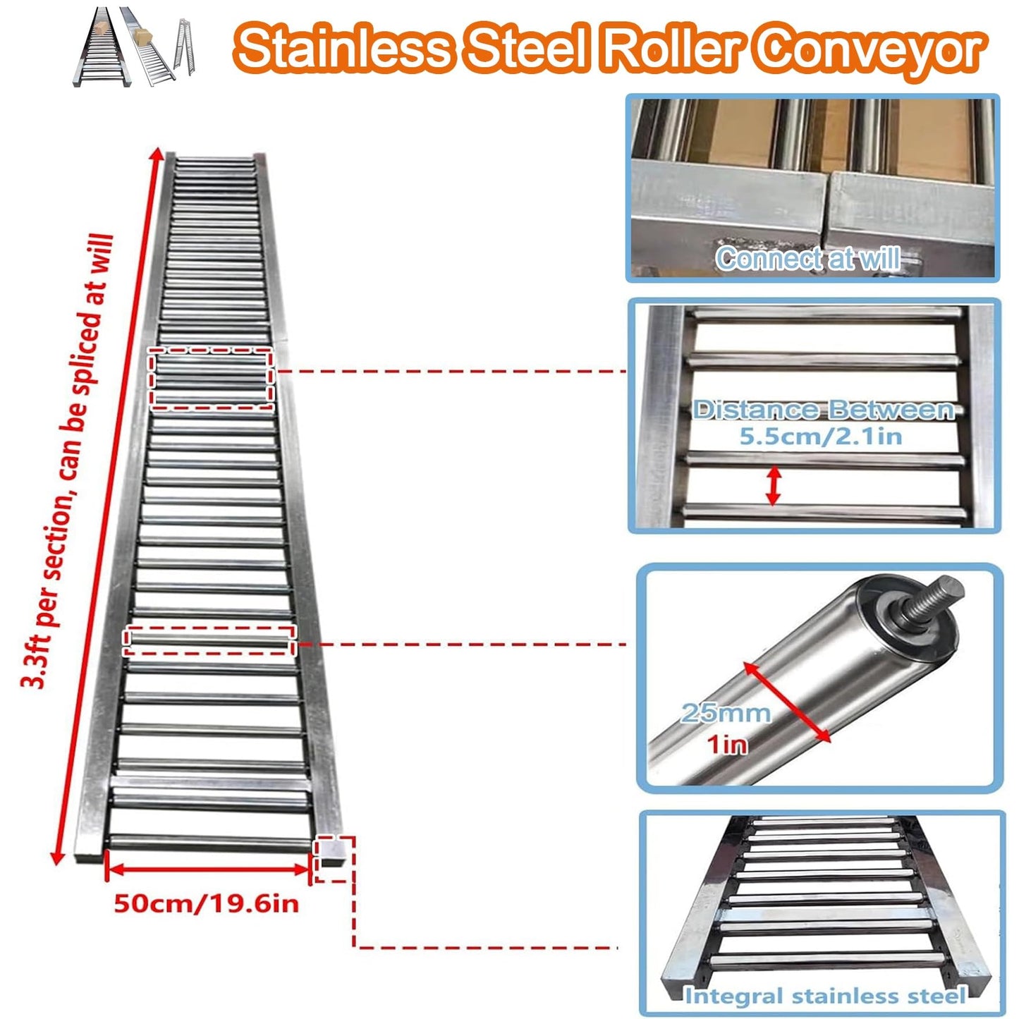 Adjustable Heavy Duty Collapsible Gravity Conveyor Roller for Warehouse Unloading, 3.3-33ft Length, 16in Width, 9.8ft Stand, Ideal for Material Handling Solutions