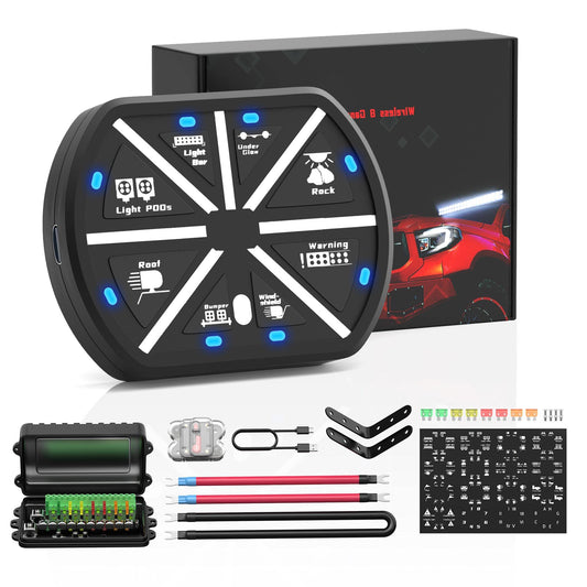 Joinfworld 8 Gang Switch Panel Universal Circuit Control Relay System Box Automotive Rechargeable Remote Wireless Control Panel with On-Off Blue LED for Car Truck Boat UTV SUV RV