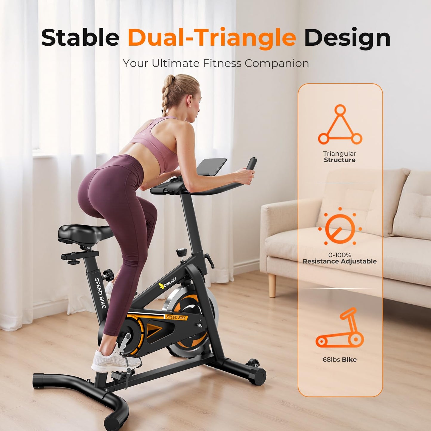 OWLSKY Exercise Bike with APP, Stationary Bike for Home, 300 lbs Capacity Quiet Indoor Cycling Bike Gym Cardio Workout, Adjustable Seat & Tablet Holder Friction-Black