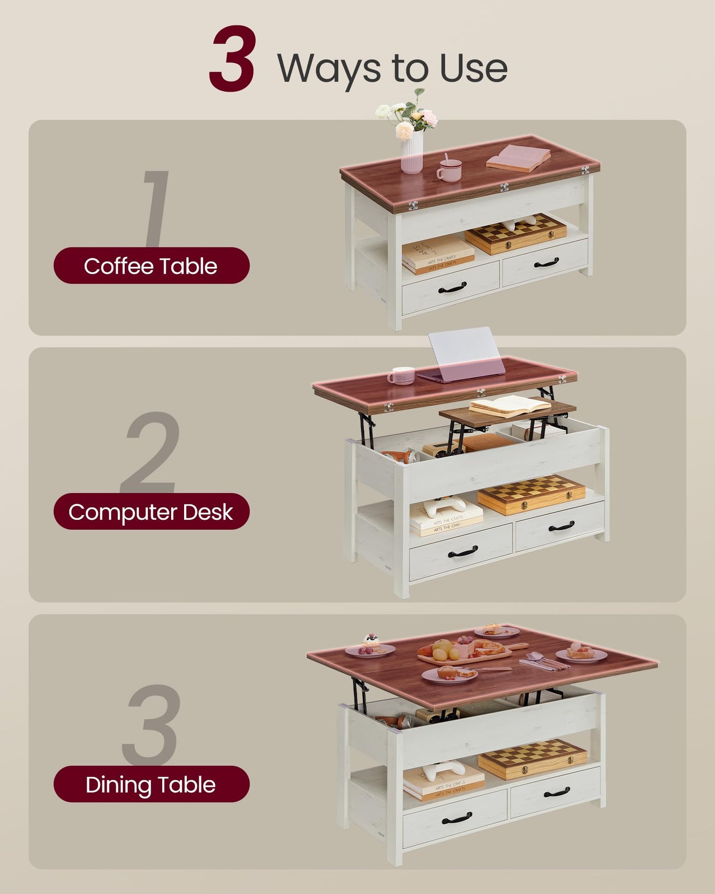 VASAGLE Coffee Table Lift Top, 3 in 1 Center Table with Storage, Gas Spring, 2 Drawers and 3 Hidden Compartments, Open Shelf, for Living Room, Home Office, Honey Brown and Rustic White ULCT254W01
