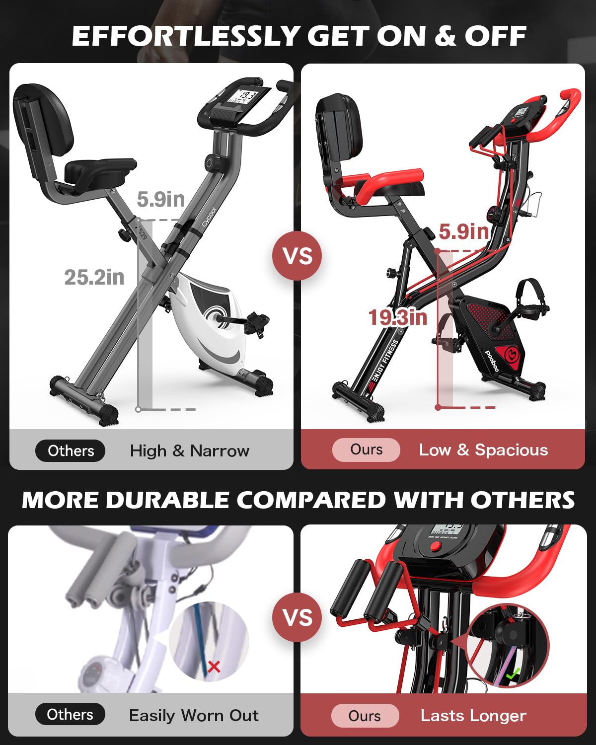 pooboo Folding Exercise Bike - 4-in-1 Magnetic X-Bike, Foldable Upright Indoor Cycling Stationary Bike with 8-Level Resistance, Pulse Sensor, Arm Resistance Bands, Back Support Cushion & Bottle Holder - Home Gym Workout Equipment